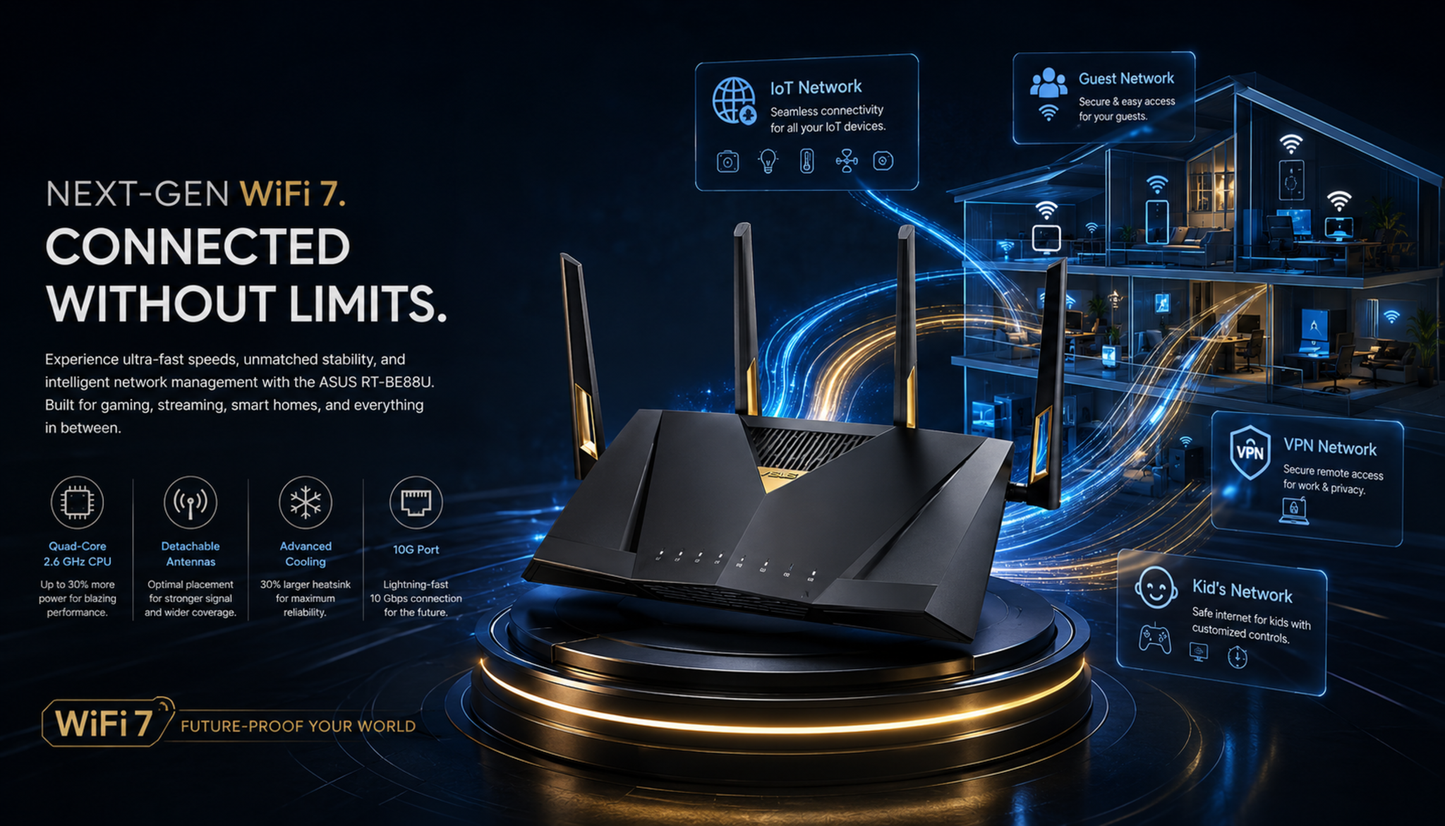 ASUS RT-BE88U Dual-band WiFi 7 AiMesh Extendable Performance Router, 4K-QAM, MLO, Dual 10G ports, SFP+, Four 2.5G ports, Four 1G ports, 34G WAN/LAN capacity