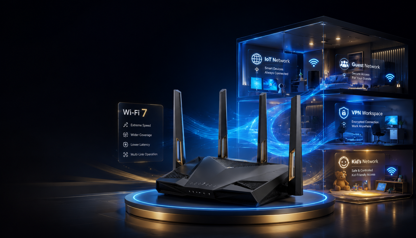 ASUS RT-BE88U Dual-band WiFi 7 AiMesh Extendable Performance Router, 4K-QAM, MLO, Dual 10G ports, SFP+, Four 2.5G ports, Four 1G ports, 34G WAN/LAN capacity