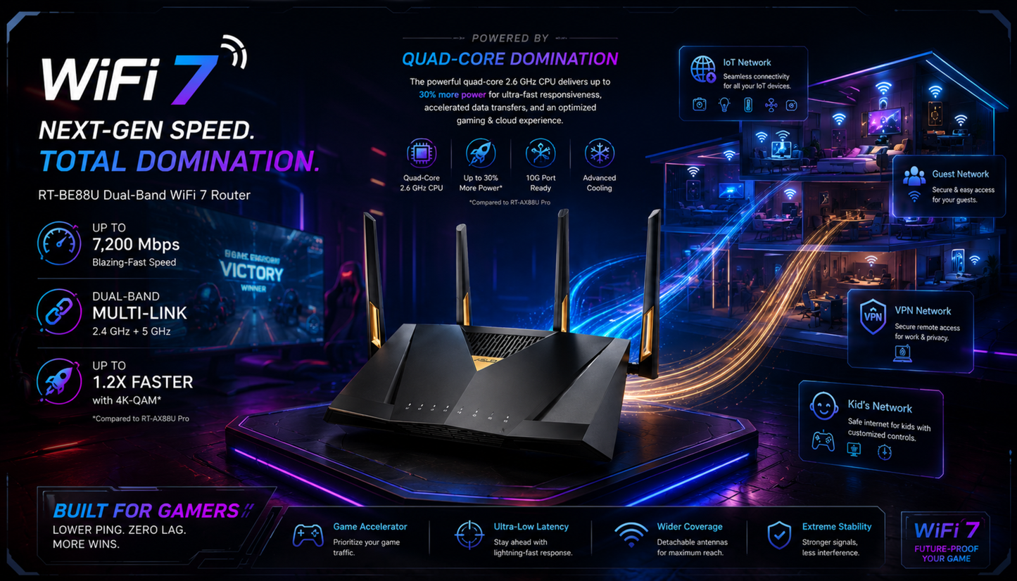 ASUS RT-BE88U Dual-band WiFi 7 AiMesh Extendable Performance Router, 4K-QAM, MLO, Dual 10G ports, SFP+, Four 2.5G ports, Four 1G ports, 34G WAN/LAN capacity