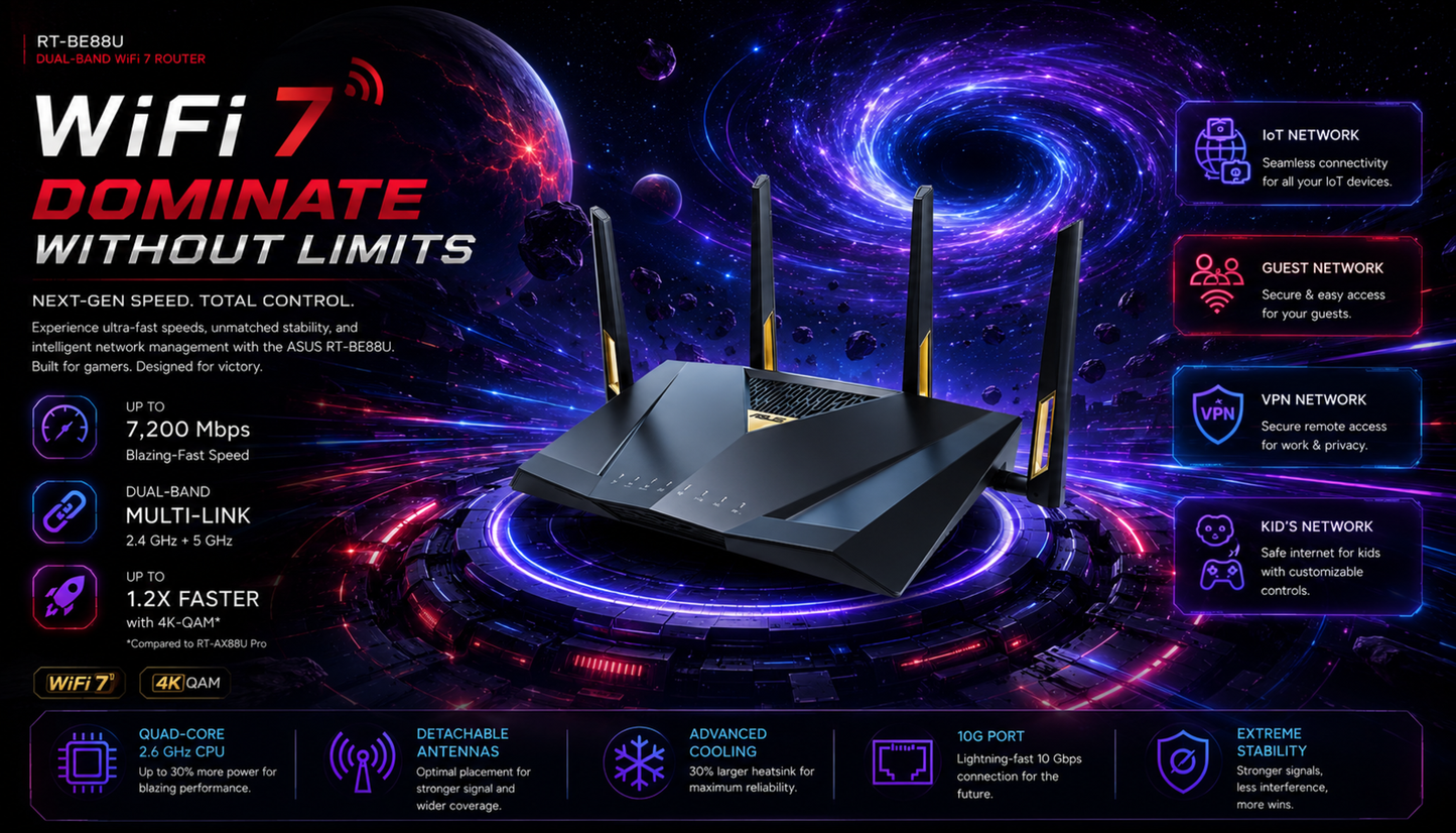 ASUS RT-BE88U Dual-band WiFi 7 AiMesh Extendable Performance Router, 4K-QAM, MLO, Dual 10G ports, SFP+, Four 2.5G ports, Four 1G ports, 34G WAN/LAN capacity