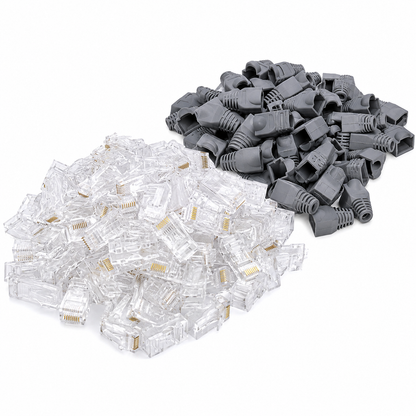 Taradhin RJ45 Cable Connector Kit, 100 Pass-Through Connectors and 100 Strain Relief Boots for Cat6 Cat5e Cat5
