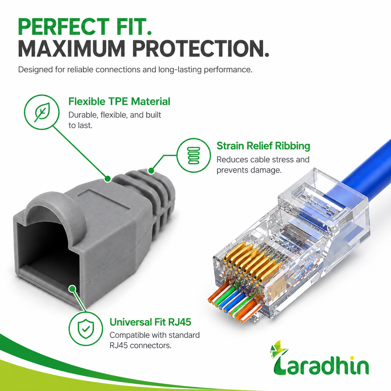 Taradhin RJ45 Cable Connector Kit, 100 Pass-Through Connectors and 100 Strain Relief Boots for Cat6 Cat5e Cat5
