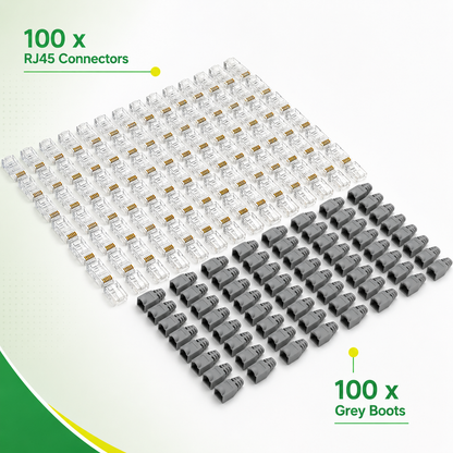 Taradhin RJ45 Cable Connector Kit, 100 Pass-Through Connectors and 100 Strain Relief Boots for Cat6 Cat5e Cat5