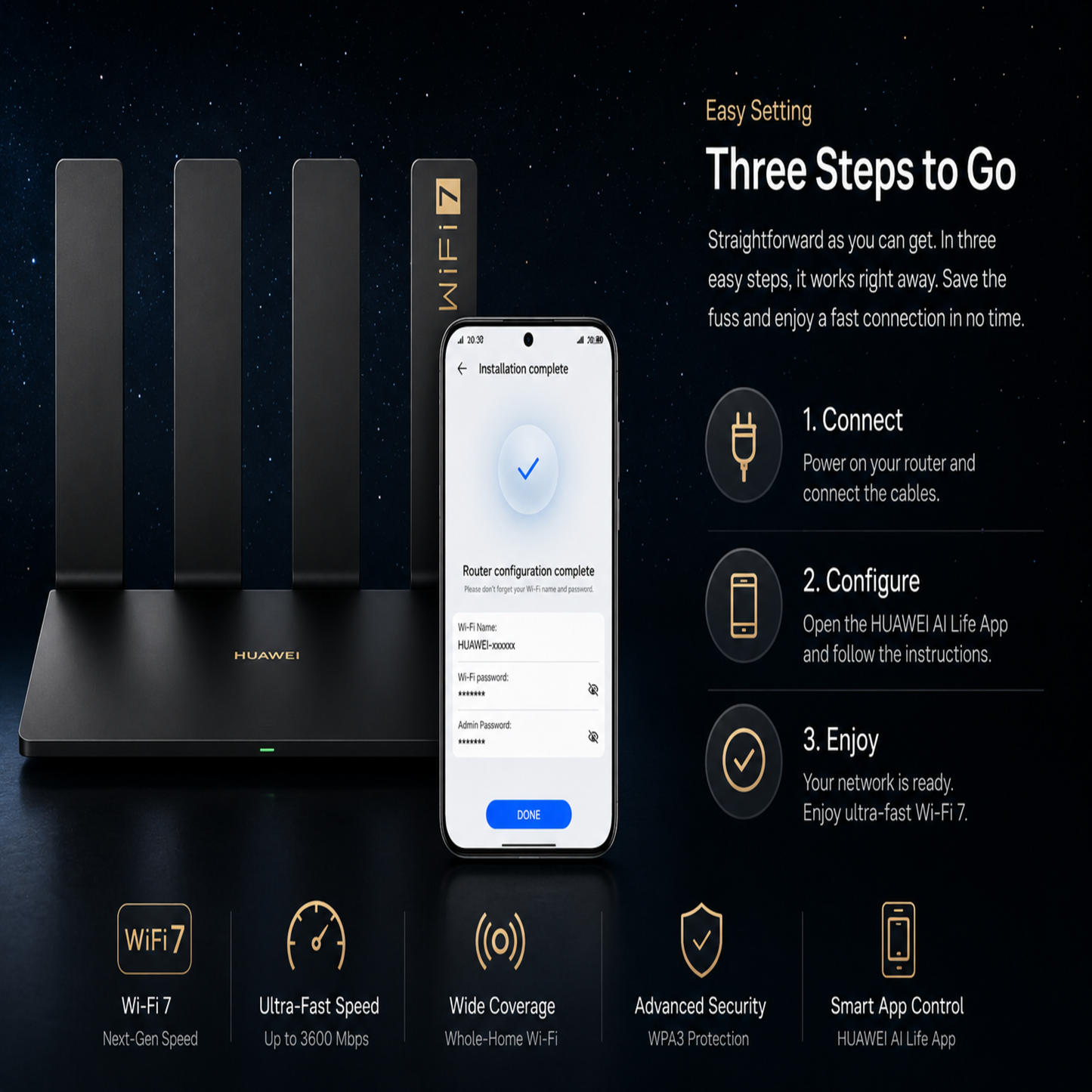 Huawei WiFi BE3 Pro BE3600 Wi-Fi 7 2.5G Router Black