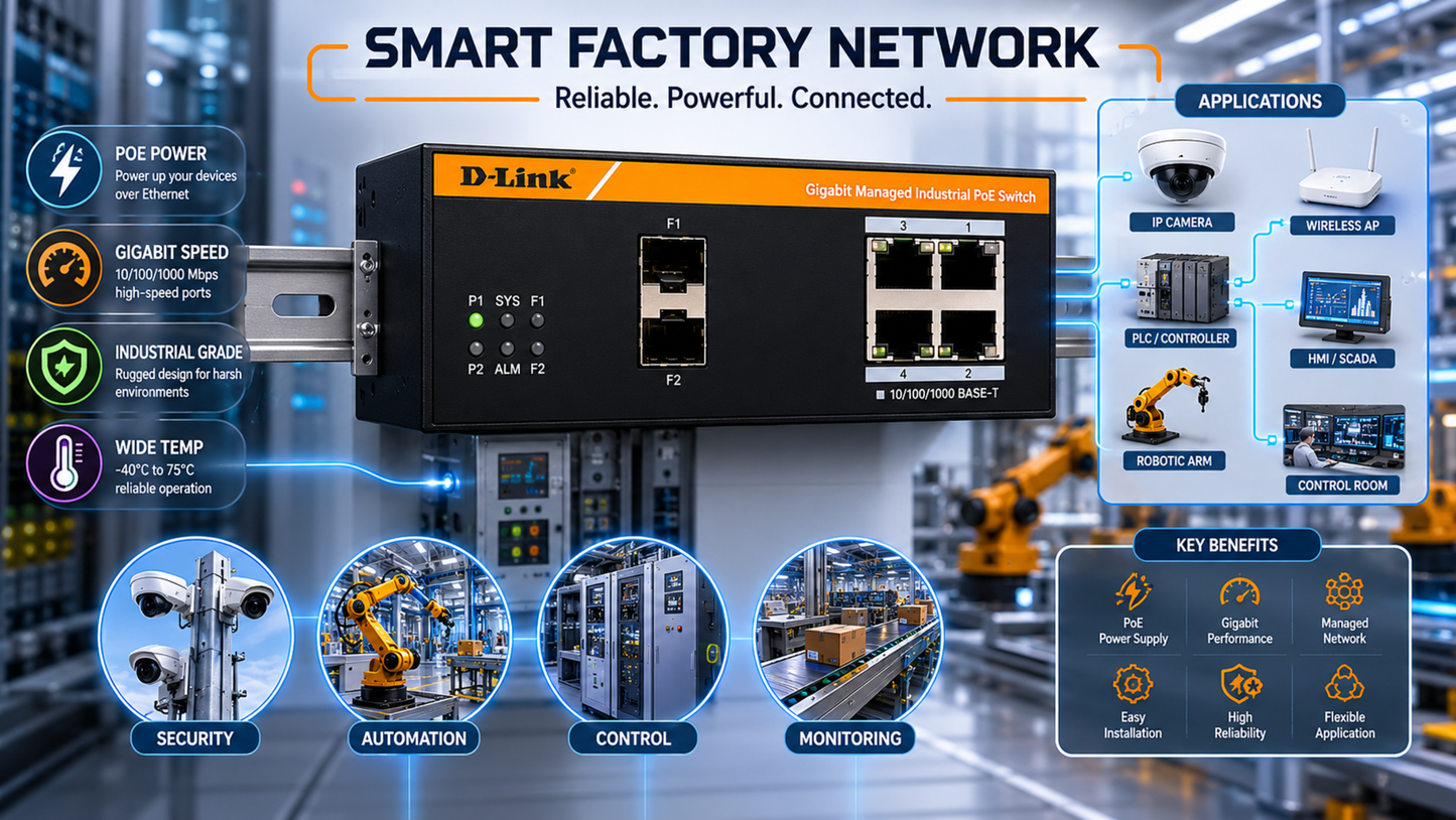 D-Link Industrial Managed PoE Switch 4-Port Gigabit 2 SFP Uplink DGS-F3004P-2S