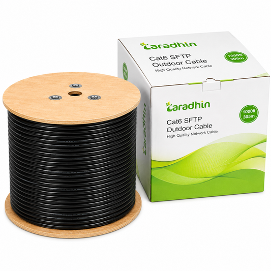 Taradhin CAT6 SFTP Outdoor Premium Ethernet LAN Cable 305M | 23AWG 0.575mm CCA | 10 Gbps High Speed | Shielded Foil Twisted Pair Waterproof Network Cable | UV Resistant Black PVC Jacket | Drum Roll
