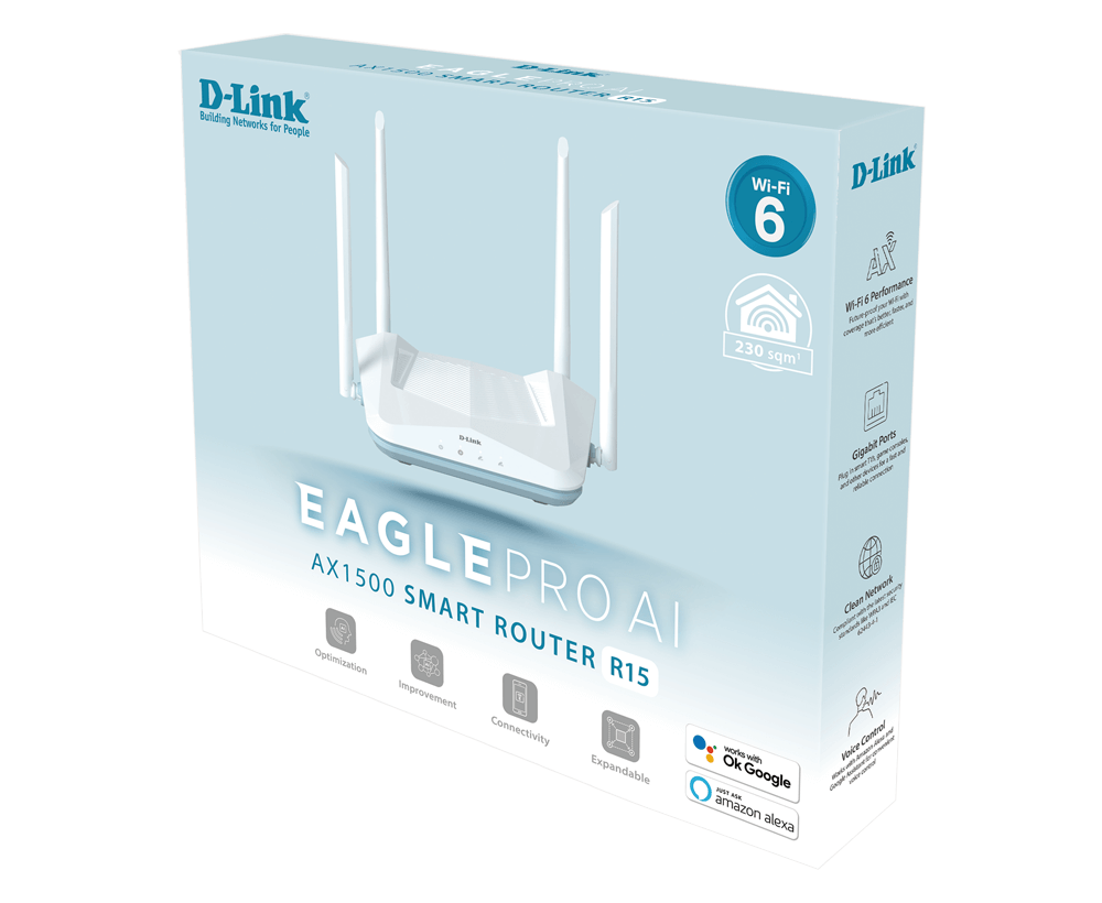 D-Link EAGLE PRO AI AX1500 Wi-Fi 6 Smart Router (R15)