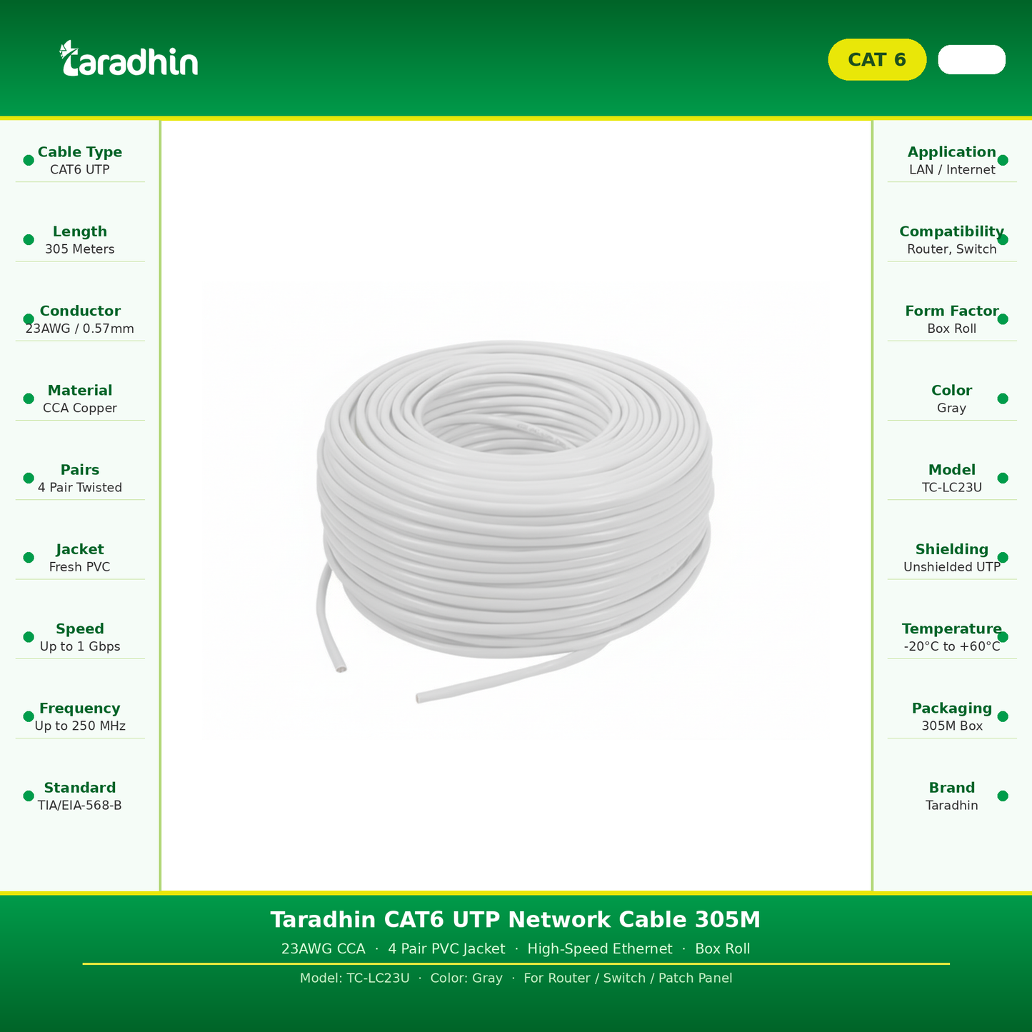 Taradhin CAT6 UTP Premium Full Specs